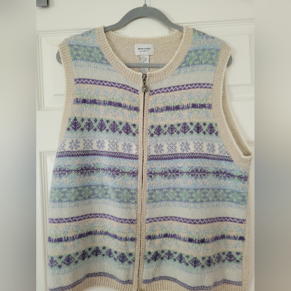 Vtg Monterey By Koret Full Zip Vest Angora Blend Sparkle Tan Blue Purple Sz M